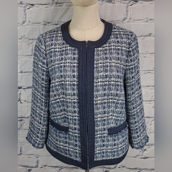 Robert Talbott Petite Women's Tweed Jacket Chambray Trim Blazer Navy Size 12P - Picture 2 of 16